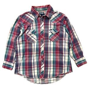 Vintage 90s Wrangler Plaid Flannel Pearl Snap Shirt Mens Size XL Western VTG